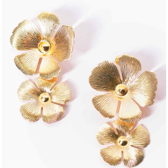 Gold Double Flower Drop Earrings - Picture 6 of 9